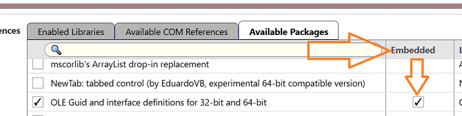 The Embedded column shown next to the package name