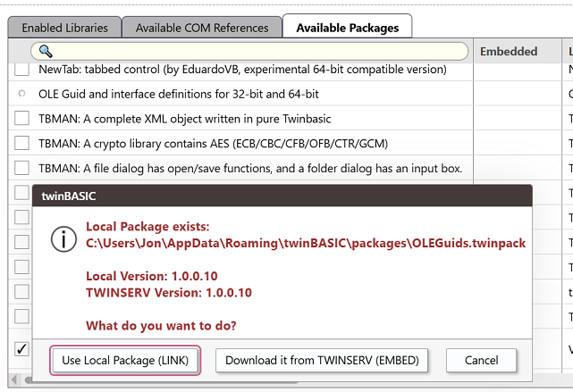 Prompt offering either the linked package already on the system or a fresh download from TWINSERV