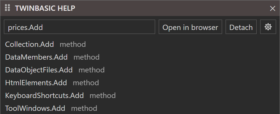 The help pane after F1 on prices.Add, where prices is declared As Object. The search box holds prices.Add, and the list shows six methods: Collection.Add, DataMembers.Add, DataObjectFiles.Add, HtmlElements.Add, KeyboardShortcuts.Add and ToolWindows.Add.