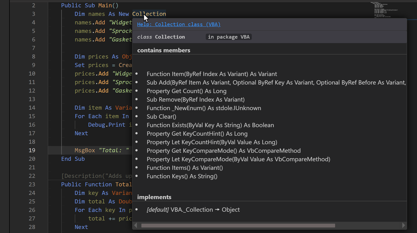 The mouse pointer resting on Collection in the line Dim names As New Collection. The IDE’s information box below it starts with the underlined link Help: Collection class (VBA), followed by the class’s declaration and its members.