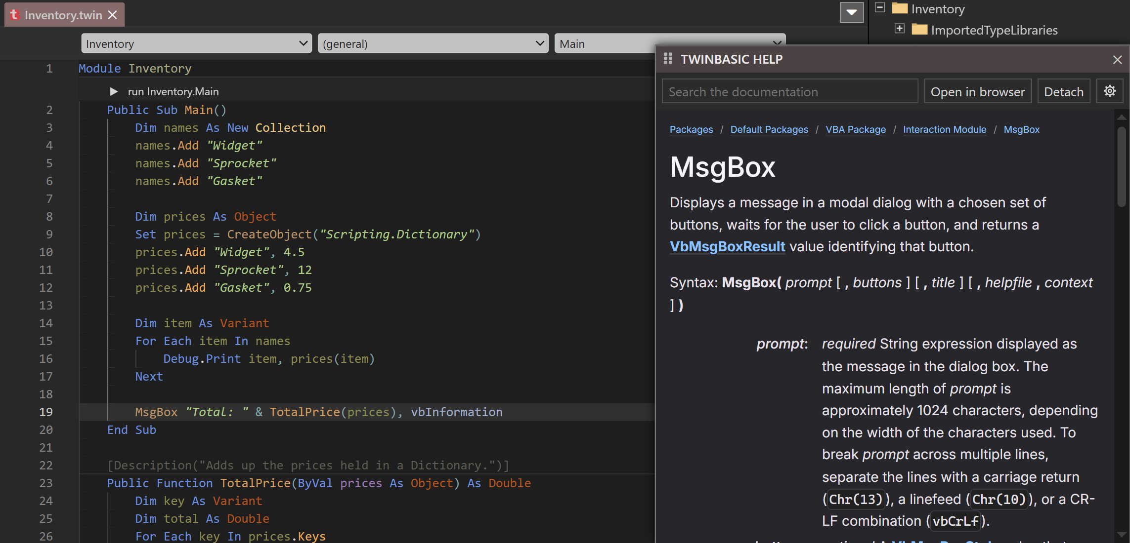 The code editor showing a module named Inventory, with the cursor on MsgBox in line 19. Beside it, the TWINBASIC HELP tool window shows the MsgBox page: breadcrumbs, the heading, its summary, the syntax and the first parameter.