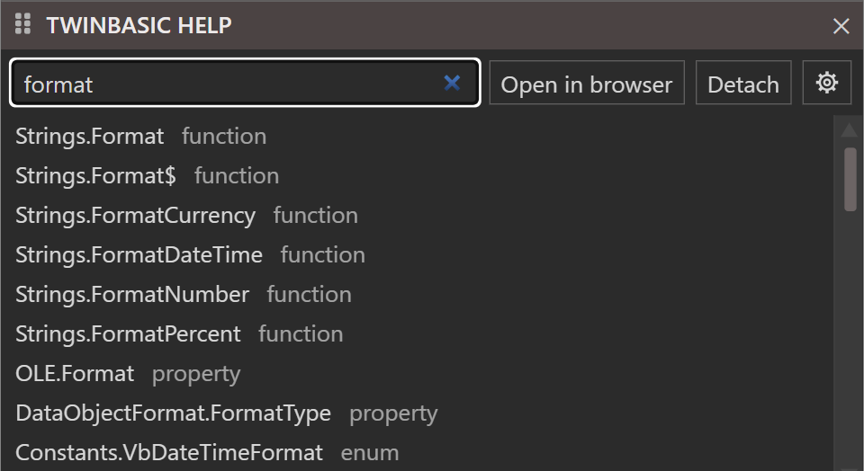 The help pane with format typed in its search box. The list below shows Strings.Format, Strings.Format$, Strings.FormatCurrency, Strings.FormatDateTime, Strings.FormatNumber and Strings.FormatPercent, all functions, then OLE.Format and DataObjectFormat.FormatType, properties, and Constants.VbDateTimeFormat, an enum.