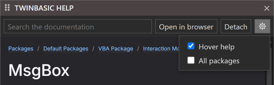 The top of the help pane with the settings open under the gear: a ticked Hover help box and an unticked All packages box.