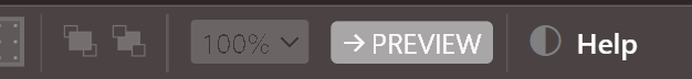 The right end of the IDE’s toolbar: the zoom box showing 100%, the PREVIEW button, and the Help button with a half-filled circle as its icon.