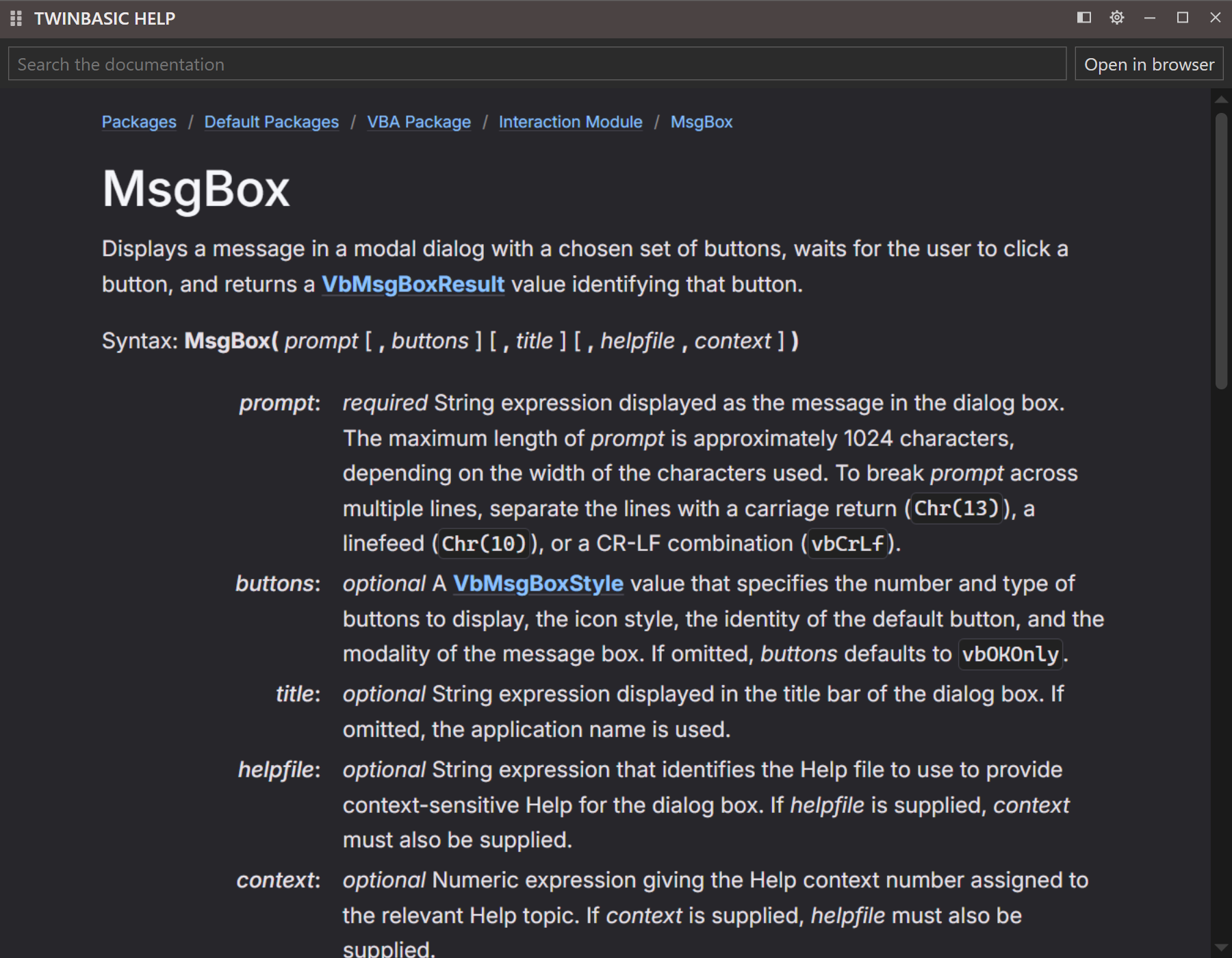 The help window, detached from the IDE. Its title bar reads TWINBASIC HELP, with a grip on the left and Attach, settings, minimize, maximize and close buttons on the right. Under it are the search box, the Open in browser button and the MsgBox page.
