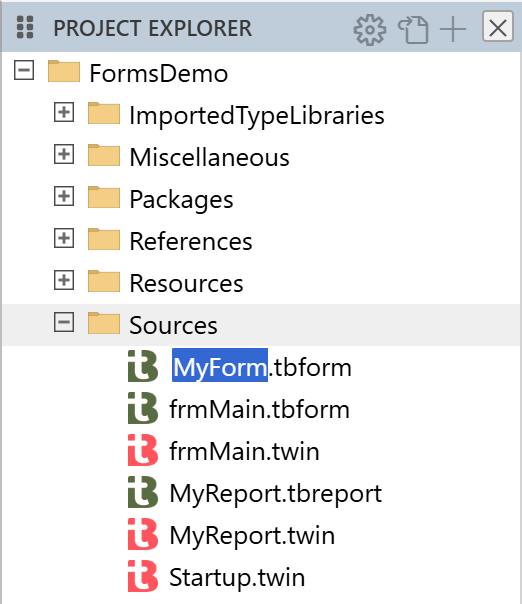The Project Explorer in its file view with the Sources folder expanded. The first row under Sources is a name box holding MyForm.tbform, with MyForm selected; the project’s own files follow it.