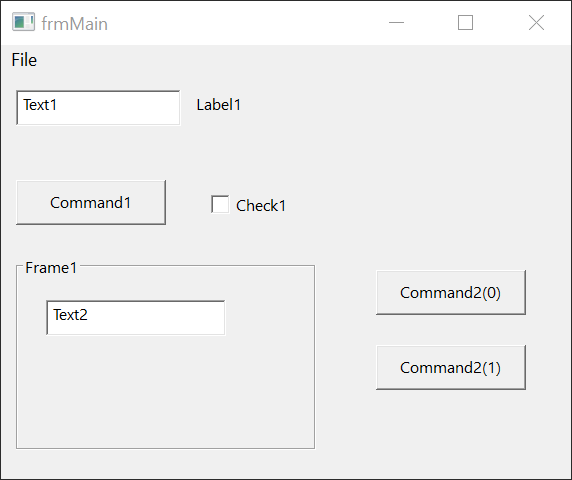 The previewed form as a window of its own, titled frmMain, with its File menu in the menu bar and the controls laid out as in the designer.