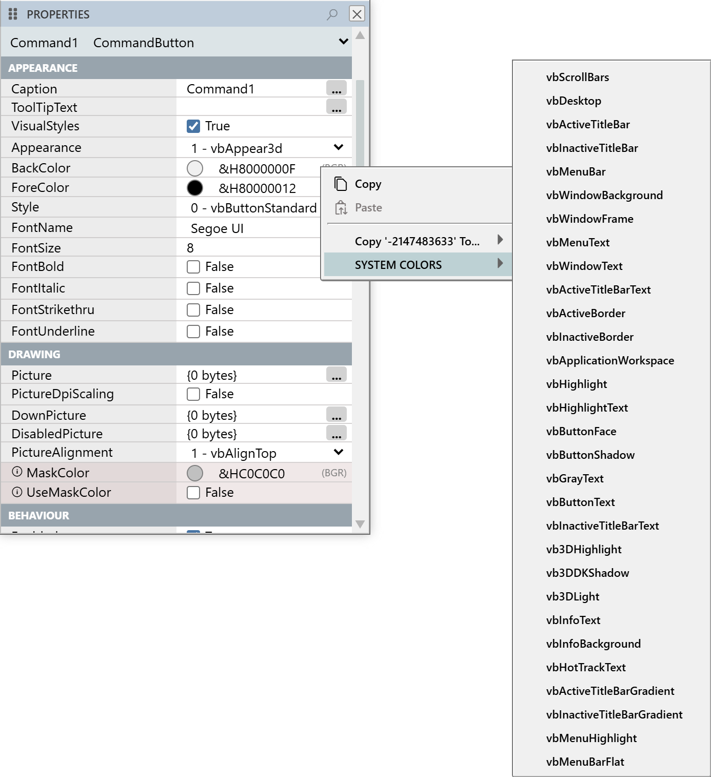 The PROPERTIES pane of Command1 with the right-click menu of the BackColor value open: Copy, a greyed Paste, Copy '-2147483633' To... and SYSTEM COLORS, whose submenu lists the system colour constants from vbScrollBars to vbMenuBarFlat.
