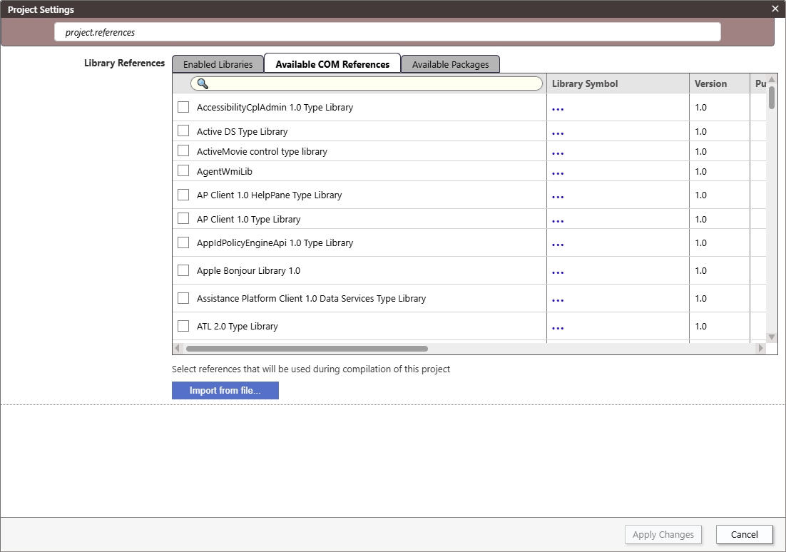 Available COM References - Project Settings