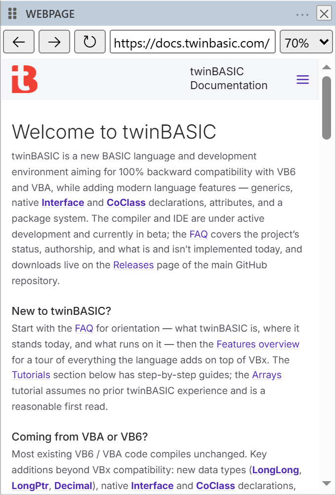 The Webpage pane hosting a browser view: back, forward and reload buttons, an address bar holding https://docs.twinbasic.com/, and a zoom dropdown set to 70 per cent, above the home page of the twinBASIC documentation rendered inside the pane.