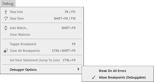 Debugger Options - Debug Menu