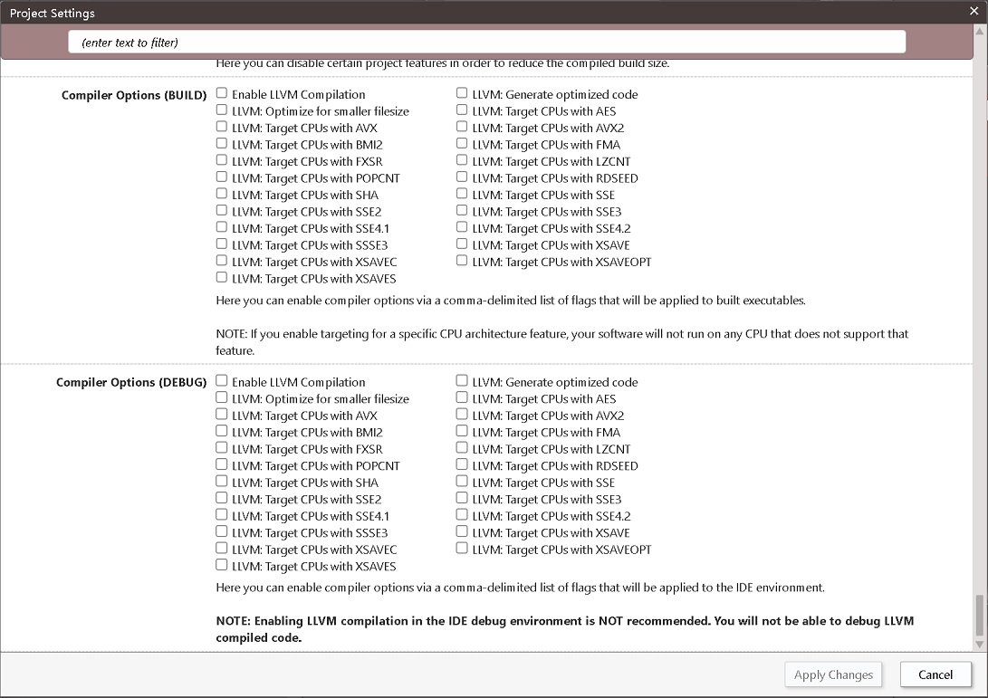 The Project Settings dialog scrolled to its two compiler option sections, Compiler Options (BUILD) and Compiler Options (DEBUG). Each has the same unticked boxes in two columns: Enable LLVM Compilation, LLVM: Generate optimized code, LLVM: Optimize for smaller filesize, and one LLVM: Target CPUs with box for each of AES, AVX, AVX2, BMI2, FMA, FXSR, LZCNT, POPCNT, RDSEED, SHA, SSE, SSE2, SSE3, SSE4.1, SSE4.2, SSSE3, XSAVE, XSAVEC, XSAVEOPT and XSAVES. Under the BUILD section a note says that software built for a CPU feature will not run on a CPU without it. Under the DEBUG section a bold note says that LLVM compilation in the IDE debug environment is not recommended, because LLVM-compiled code cannot be debugged.