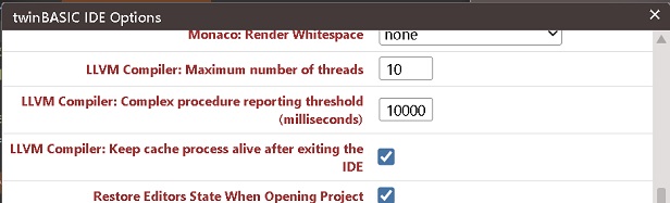 Part of the twinBASIC IDE Options dialog, showing three LLVM settings: LLVM Compiler: Maximum number of threads, set to 10; LLVM Compiler: Complex procedure reporting threshold (milliseconds), set to 10000; and LLVM Compiler: Keep cache process alive after exiting the IDE, ticked.