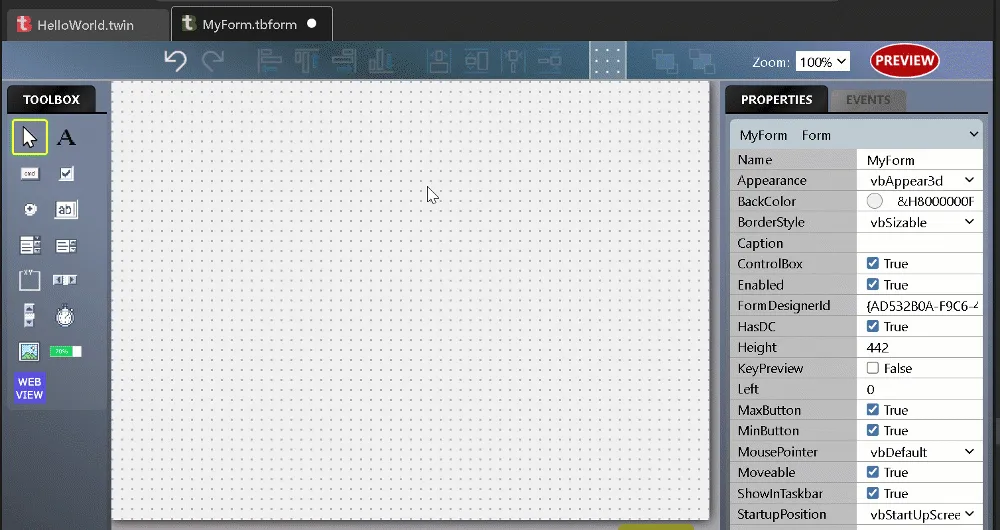 Animation of a WebView2 control being drawn onto a blank form in the designer